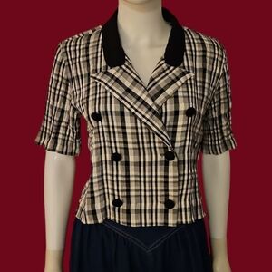 VTG PRIDE & JOY 1980s Black & White Plaid Double Breasted Cropped Shirt